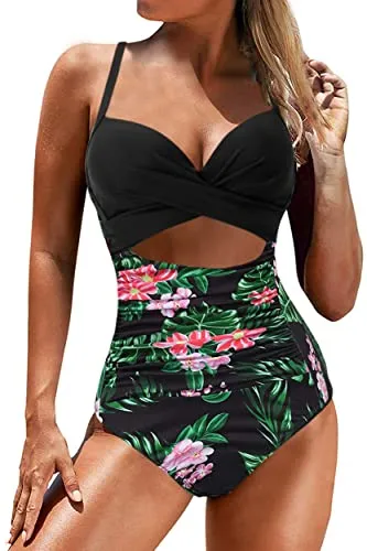 JFAN Costume Intero da Donna Estivo A Vita Sottile con Scollo Incrociato E Scollo Basso Vintage Swimsuit Push Up Un Pezzo Costume da Bagno,L Nero + Foglia di Loto