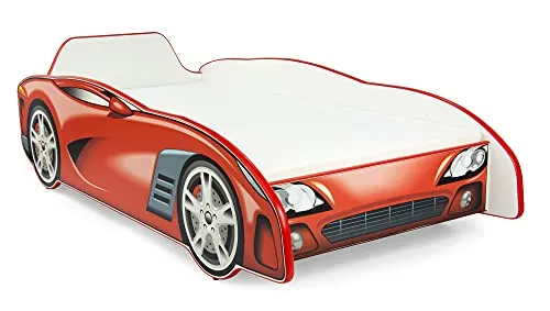 Leomark letto singolo per bambini in legno, lettino con materasso 140x70 cm, letto singolo a forma di macchina car, mobili per la camera dei bambini auto sportova ROSSO