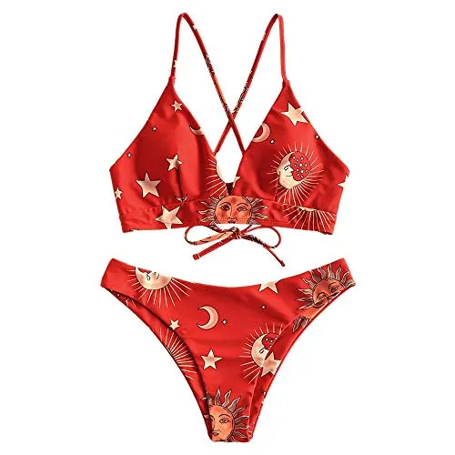 Zaful - Set di bikini a triangolo da donna, costume da bagno imbottito, sgambato, con stampa con stella, sole, luna Colore: rosso S