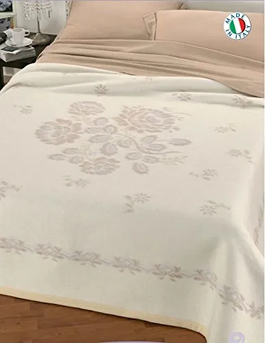 Centesimo Web Shop Coperta in Misto Lana Matrimoniale Beige Prodotta in Italia Floreale Classica 250x210 cm Cammello Made in Italy