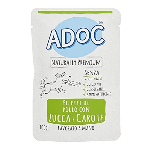 Adoc - Cibo Umido per Cani Adulti con Ingredienti Naturali Pollo, Zucca e Carote - 20 bustine da 100gr