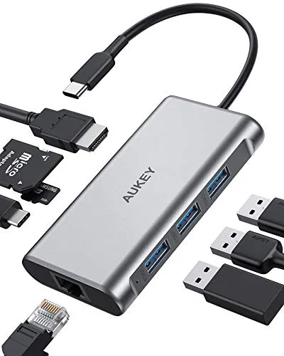 AUKEY Hub USB C 8-in-1,HDMI 4K,1Gbps Ethernet RJ45,3 USB 3.0,Ricarica PD da 100 W e Lettore di Schede SD e Micro SD,Adattatore USB-C per MacBook Pro/Air(Thunderbolt 3),Dell,HP
