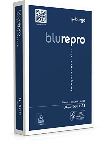 Carta "Repro Blu" Burgo, formato A3, 104 micron, risma 500 fogli, certificata ECF, Ecolabel, FSC