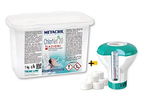 Metacril CHLOR Net 20 4 Azioni (1 kg) + Dosatore Galleggiante Cloro Piscina MULTIAZIONE in pastiglie da 20gr per Piscina e idromassaggio.Spedizione IMMEDIATA