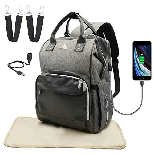 POSITIVEVIBE Zaino Mamma Multifunzione Borsa Da Viaggio Impermeabile Bambino Neonato di 2a Generazione in Ecopelle Grande Capacità Porta Biberon Termico (Grigio Nero)