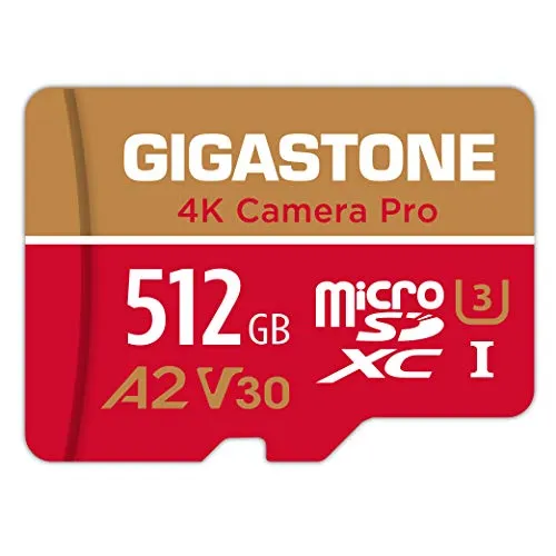 Gigastone Micro SD 512 GB, 4K Camera Pro Serie, A2 U3 V30 Per Telefono, Fotocamera, Videocamera, Tablet, Gopro, Switch, Velocità Fino a 100/80 MB/s (R/W) + Adattatore Scheda SD