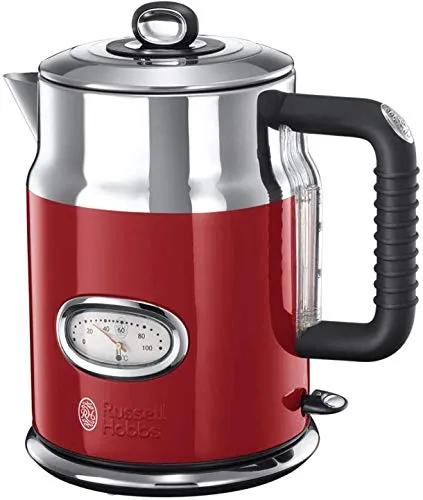 Russell Hobbs Bollitore acqua Elettrico Vintage, Bollitore design, 1.7 L, 2400 W, Filtro Anticalcare Rimovibile e Lavabile, Zona Bollitura Rapida, Acciaio Inox, Rosso 21670-56