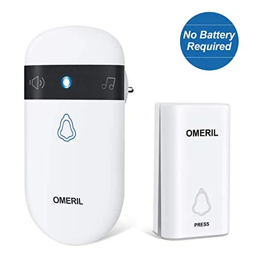 OMERIL Campanello Wireless Autoalimentato, Campanello Senza Fili da Esterno Impermeabile IP55 per Casa, Ufficio, Anziani, 52 Melodie e 5 Livelli di Volume, Indicatore LED, Non Richiede Batteria