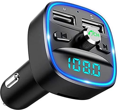 Bluetooth FM Transmitter for Car, Blue Ambient Ring Light Wireless Radio Car Receiver Adapter Kit with Hands-Free Calling, Dual USB Charger 5V / 2.4A and 1A, Support SD Card, USB Disk (Black)