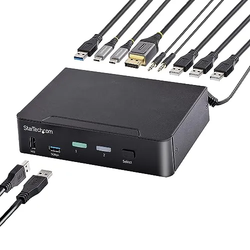 StarTech.com Switch KVM USB C, KVM DisplayPort a 2 porte con video HDR 4K 60Hz UHD, Audio da 3,5 mm, Hub 4x USB HID e 2x USB-A 3.0 5Gbps, Hot Key Switching, Compatibile Thunderbolt 3 e 4 (SV231DPUCA)