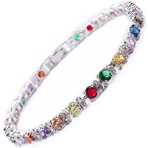 Rizilia Gioielli Taglio Rotondo Multi Color Birthstone Pietra preziosa Fine 18K Oro Bianco Placcato [180mm / 7inch] Braccialetto di Tennis Eleganza Moderna [Sacchetto di Gioielli Liberi]