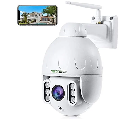 SV3C Telecamera WiFi PTZ HD 5MP, Videocamera di sorveglianza IP Esterno con Zoom 5X, Audio bidirezionale, Visione notturna a 196 piedi, IP66, Rilevazione di movimento, Supporto scheda TF da 128 GB