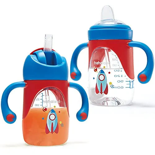 hahaland 2 in 1 Bicchiere Antigoccia Bambini Tazza con Cannuccia e Beccuccio 240ml, Tazza di Apprendimento Tritan e Silicone Morbido Biberon per Bambino 6 9 12 Mesi - Navicella spaziale