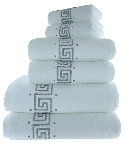 Set di 6 asciugamani da bagno ricamati, eleganti, 100% cotone, con greca, 600 g/mq, 2 asciugamani da bagno, 2 asciugamani per le mani e 2 asciugamani per gli ospiti.