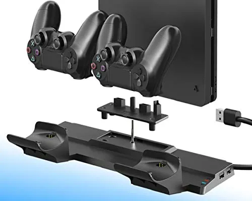 ElecGear PS4 - Supporto di alimentazione verticale con doppio caricatore stazione di ricarica controller di ricarica per controller DualShock 4 con 4 mini adattatore e 2 porte USB per PS4, PS4 Slim,