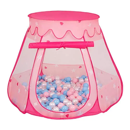 Selonis Tenda 105X90cm/200 Palline Castello Con Palline Colorate Per Bambini, Rosa:Azzurro/Rosa Chiaro/Perla