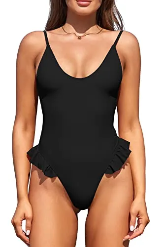 SHEKINI Costume da Bagno Intero da Donna Collo Basso Regolabile Sexy Design con Volant Costumi da Bagno Brasile Perizoma Monokini Senza Schienale Costumi da Bagno（L，Nero）