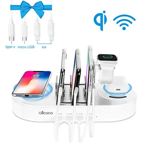 allcaca Stazione di Ricarica Wireless 3 in 1 USB Multipla con 4 Porte, Doppio Caricatore Wireless Qi 10W Fast per Apple iWatch Series 3/4/5, Airpods 2, Smartphone iPad, Samsung Galaxy, 4 Cavi Inclusi