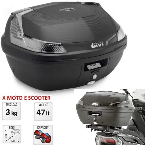 VALIGIA CON CAPIENZA CASCO GIVI B47 BLADE TECH NERO VOLUME 47 LT CATADIOTTRI FUME' FISSAGGIO MONOLOCK COMPRENSIVO DI PIASTRA E KIT UNIVERSALE X 2 CASCHI MODULARI 340X445X570MM