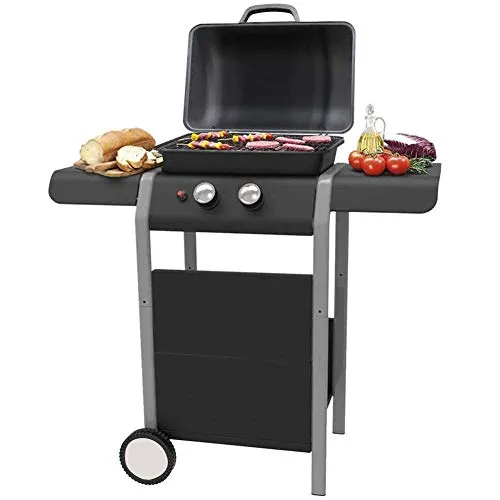 BAKAJI Barbecue a Gas 2 Fuochi Bruciatori Griglia BBQ con 2 Piani Laterali Ruote e Ripiano Inferiore Grill 5kw Area di Cottura 46 x 34 cm per Esterno Giardino Terrazzo