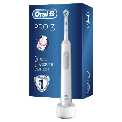 Oral-B Pro 3-3000 Spazzolino Elettrico 3 Modalità di spazzolamento, Sensore di Pressione, Azione Sbiancante, Ideale per Denti Sensibili 1 Testina, Batteria Litio, Bianco
