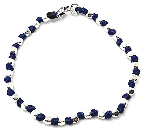 BRACCIALE SPADARELLA UOMO PEPITE IN ARGENTO 925 DI 4 MM NODINI IN COTONE MARINO BLU LUNGH.19CM