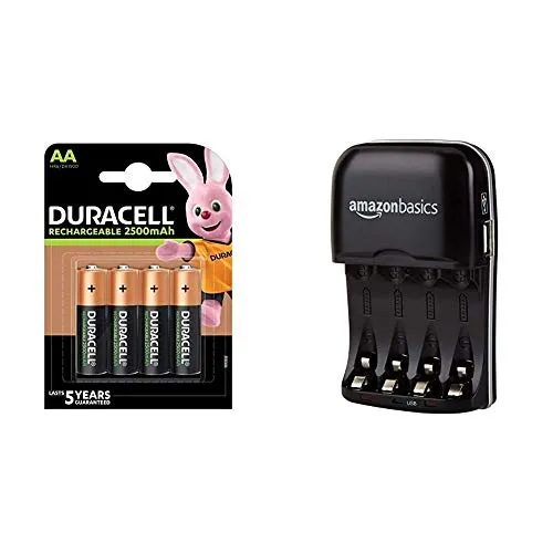 Duracell Rechargeable AA 2500 mAh Prericaricate, Batterie Stilo Ricaricabili 2500 mAh, Confezione da 4 & Amazon Basics - Carica batterie con porta USB per batterie Ni-MH AA e AAA