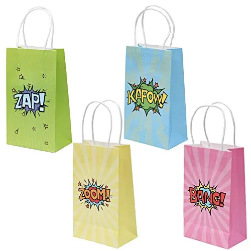 Sacchetti Regalo Fumetti di Supereroi (confezione da 24) - (15,6 x 8 x 21,5 cm) 4 Design Sacchetti Regalo per Bambini di Verde, Blu, Rosa, Giallo con Manico Perfetto per Forniture per Feste