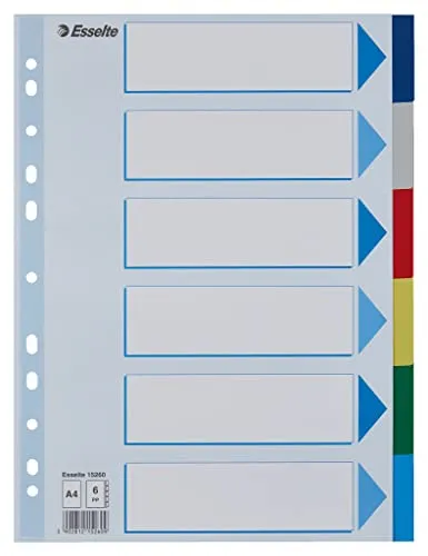 Esselte Divisori per Raccoglitori con 6 Tasti, Formato A4, Multicolore, Tasti in Polipropilene Robusto con Pagina Indice, 15260