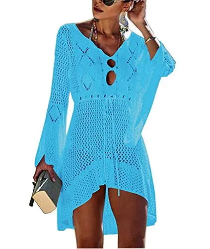 Cyiozlir - Vestito da spiaggia da donna, estivo, lavorato a maglia, bikini, copertura up poncho da spiaggia, vestito corto Celeste. S-M