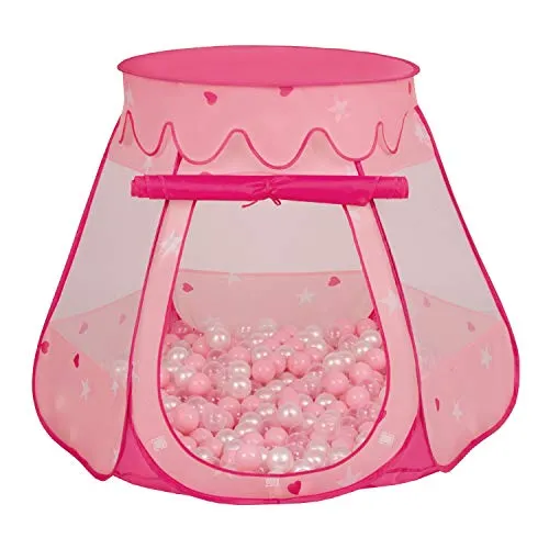 Selonis Tenda 105X90cm/300 Palline Castello Con Palline Colorate Per Bambini, Rosa:Rosa Chiaro/Perla/Trasparente