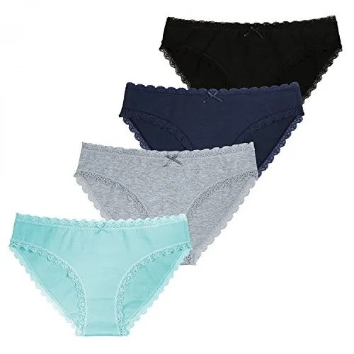 Fabio Farini Slip Bikini Pantys Bikini Donna Slip 4 & 6 Confezione Vari Colori e Taglie, 95% Cotone Traspirante 4er Pack con Pizzo Nero Blu Blu Grigio Turchese L/40