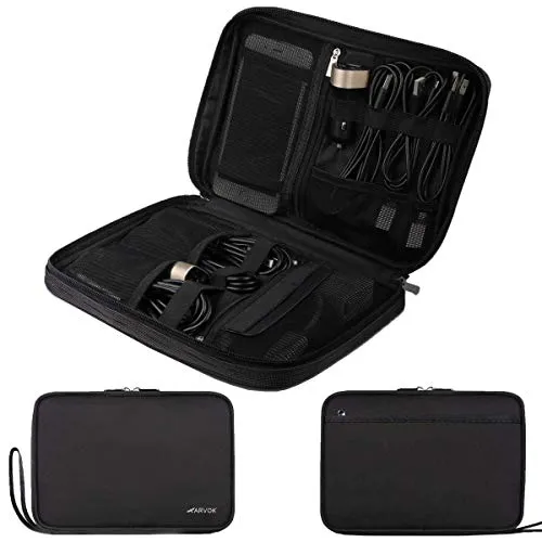 Arvok Organizer per Cavi Hard Disk Chiavette USB, Custodia da Viaggio Porta Accessori Elettronici, Borsa Impermeabile in Oxford con Rete Fascette Elastiche e Manico, Nero