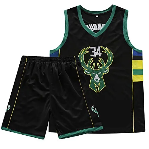 SXXRZA Divisa da Basket Lettera 34, Milwaukee Bucks Maglia da Ricamo Yannis Adeto Kunbo, Nera, Verde, Bianca-Black-M