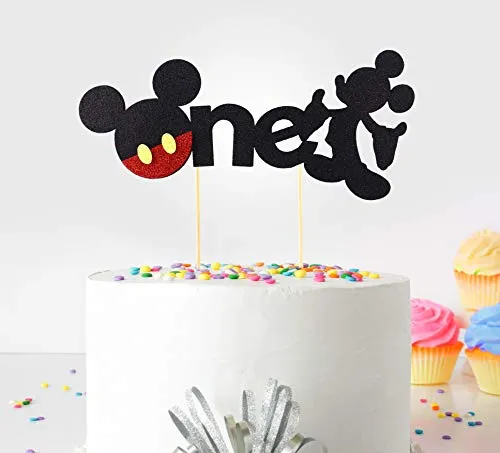 Decorazione per torta, per il primo compleanno. small (Topolino) – One – con glitter su entrambi i lati.