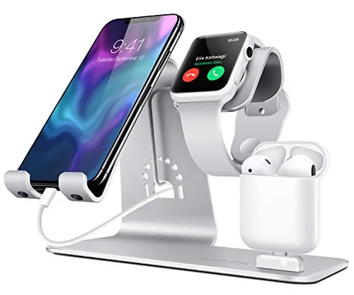 Bestand 3 in 1 Stand iWatch Apple, Dock per caricabatterie Airpods, Supporto tablet per desktop per Airpods, Apple Watch/iPhone X/8Plus/8/iPad, Argento