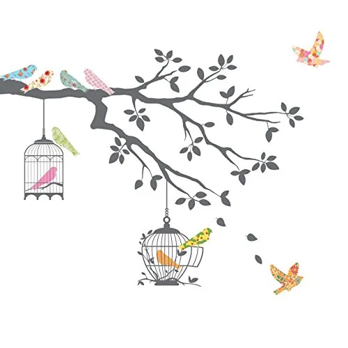 DECOWALL DW-1510 Uccelli sui Rami degli Alberi con Gabbie per Uccelli Adesivi da Parete Decorazioni Parete Stickers Murali Soggiorno Asilo Nido Camera da Letto per Bambini (Grigio)