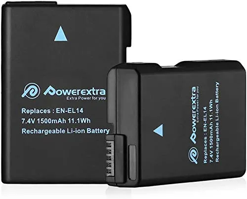 Powerextra Batterie per Nikon EN-EL14 EN EL14A 2 x Batteries di Ricambio da 1500mAh per Nikon D3100 D3200 D3300 D3400 D5100 D5200 D5300 D5500 D5600 Df Coolpix P7000 P7100 P7700 P7800