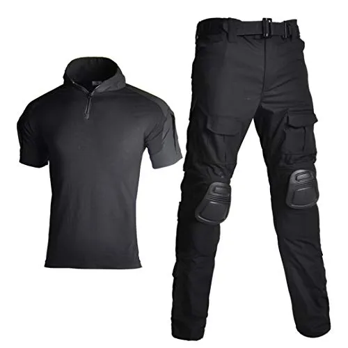 Tuta militare uniforme Tuta mimetica tattica Uomo Abbigliamento militare Camicia da combattimento militare + Pantaloni cargo Ginocchiere Balck L