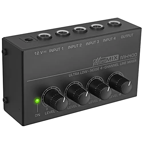 LiNKFOR Mixer Audio a 4 Canali Ultracompatto MX400 4-Channel Audio Mixer per Piccoli Club o Bar Microfoni Chitarre Bassi Tastiere e Mixer da Palc Mini Mixer Audio DC 12V