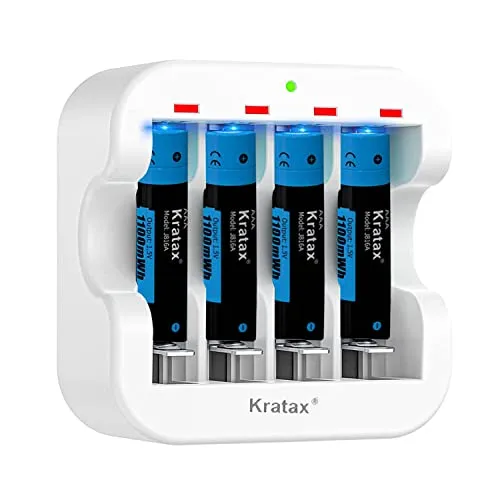 Kratax - Batterie Ricaricabili 1100 mWh, 1,5 V AAA [4 Batterie e 1 Caricatore], Ricarica Rapida di 1200 Cicli di Ricarica e Scarica (Non per il Flash)