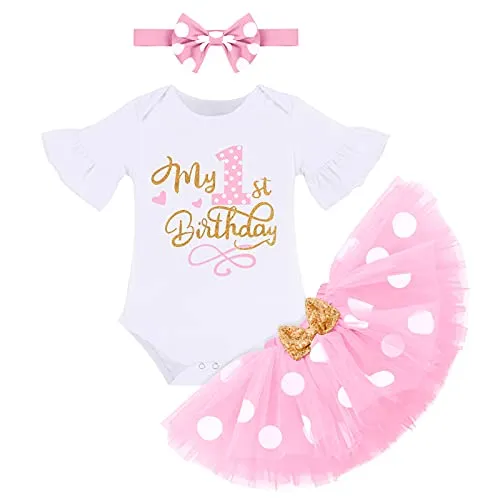 IMEKIS Neonato Ragazza Mio 1 ° Compleanno Completo da Principessa Minnie Costume Pagliaccetto A Pois Gonna in Tulle Bowknot Fascia 3 Pezzi Servizio Fotografico Vestiti Set Rosa 1 Anno