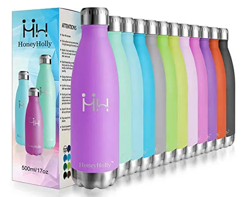 HoneyHolly Bottiglia di Acqua 500ml, in Acciaio Inox Isolamento Sottovuoto a Doppia Parete, Riutilizzabile Borraccia Sportiva per Bambini,Scuola,Palestra,Sport