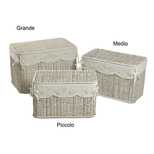 Baule in Rattan Medio Sbiancato Oliver con Fodera Bianca a Fiori Rettangolare - 61 x 36 x 38,5 h cm - Vacchetti