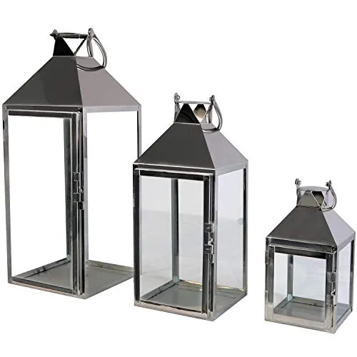 Set di 3 lanterne da giardino XXL, in acciaio inox, altezza 24/40/53 cm