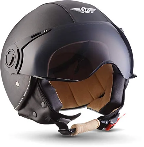 MOTO Helmets® H44 „Leather Black“ · Casco · Jet omologato Moto Demi-Jet Vintage Scooter Motorino Motocicletta Helmet Piloto Urbano Helm · ECE 22.05 Visor Click-n-Secure Borsa XL (61-62cm)