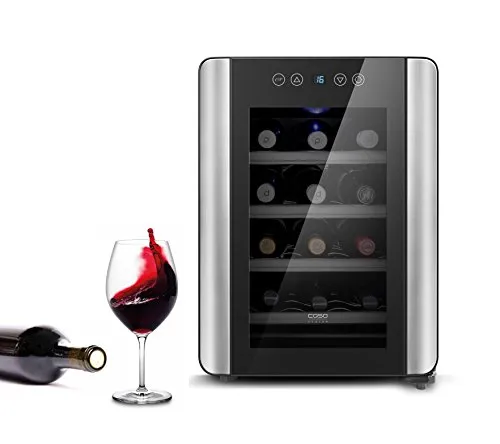 CASO 613 WineCase 12 Red | Cantinetta per 12 bottiglie di vino rosso | 10 – 18 °C, touch e LED, 4 ripiani in acciaio inox, vetro filtro UV, nero a specchio