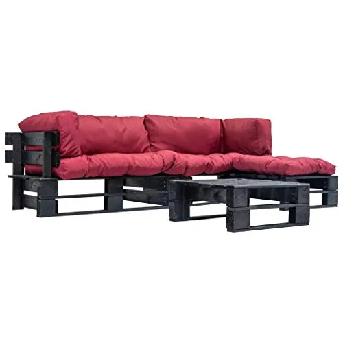 vidaXL Legno Pino Divano da Giardino su Pallet 4 pz con Cuscini Rustico Robusto Sofa Seduta Esterni Ottomana Interni Esterni Rosso