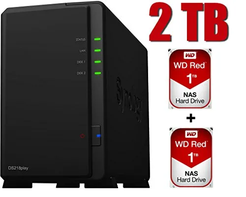 Synology Nas DISKSTATION DS218PLAY 4K HD Server 2 bay + 2TB Hard Disk Western Digital WD10EFRX (2 x 1TB)