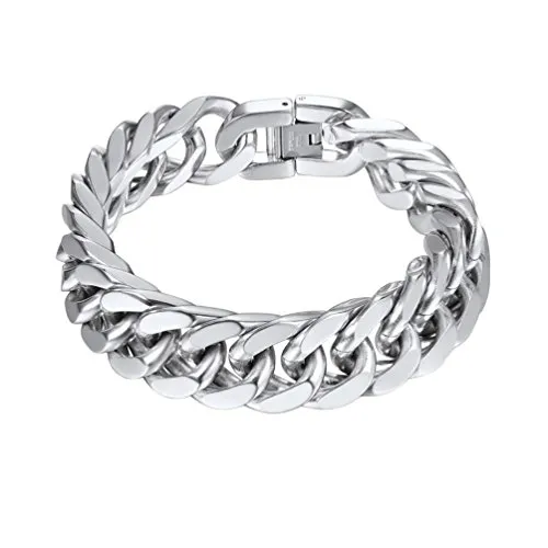 PROSTEEL Bracciale Uomo a Catena Cubana Grossa Robusta, Acciaio Inossidabile, Lunghezza 21 cm, Larghezza 17 mm, Argento, Regalo Perfetto (con Confezione)